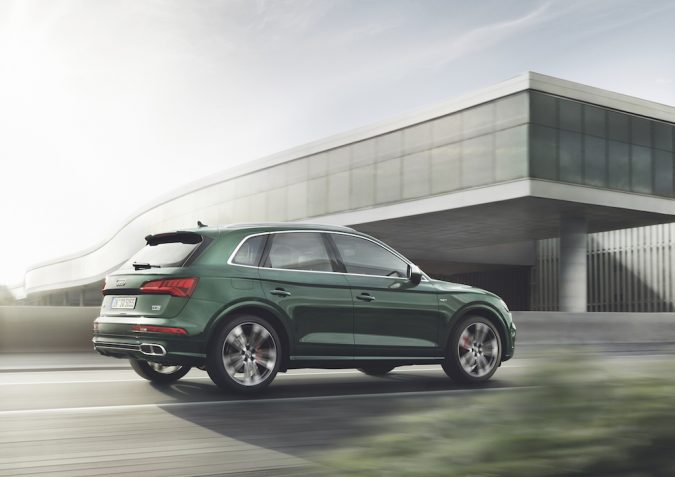 Audi SQ5 side rear view in Azores green metallic
