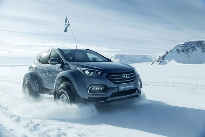 Hyundai across Antarctica with snow cloud