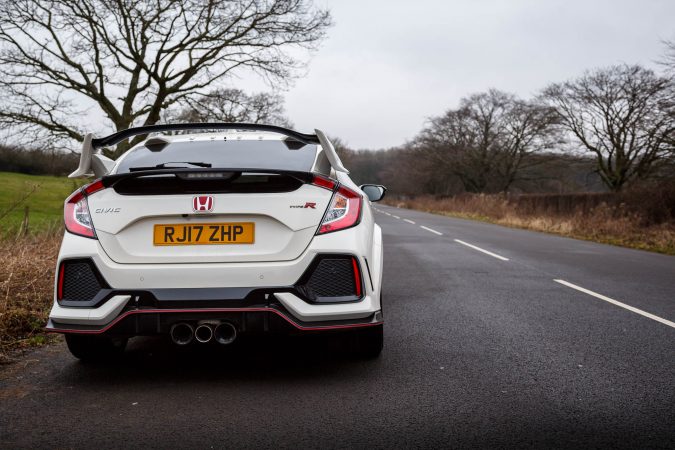 Honda Civic Type R FK8 GT - In Championship White Rear Spoiler and Exhausts showing