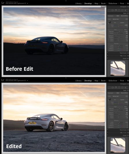 Example of before and after edit of car photography