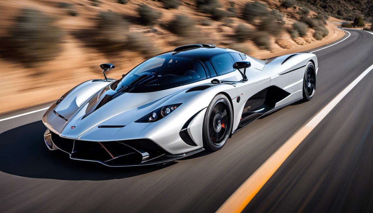 The image shows the fastest car in the world, the SSC Tuatara, speeding on a road.